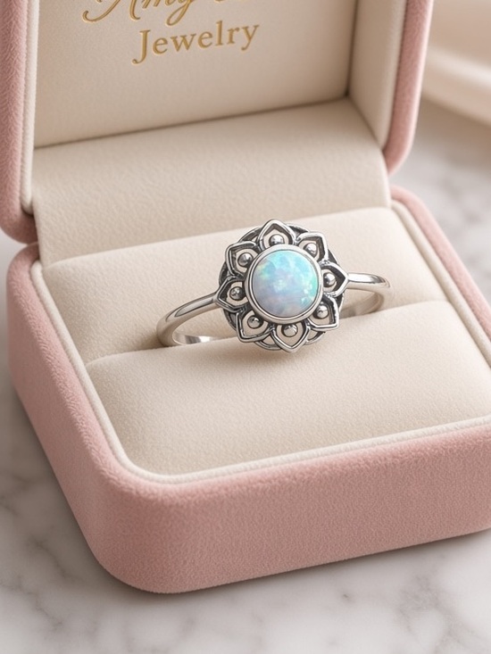 Amy Bee Jewelry Jewelry - White Gold Plated Floral Halo Ring with Opal Center. New.